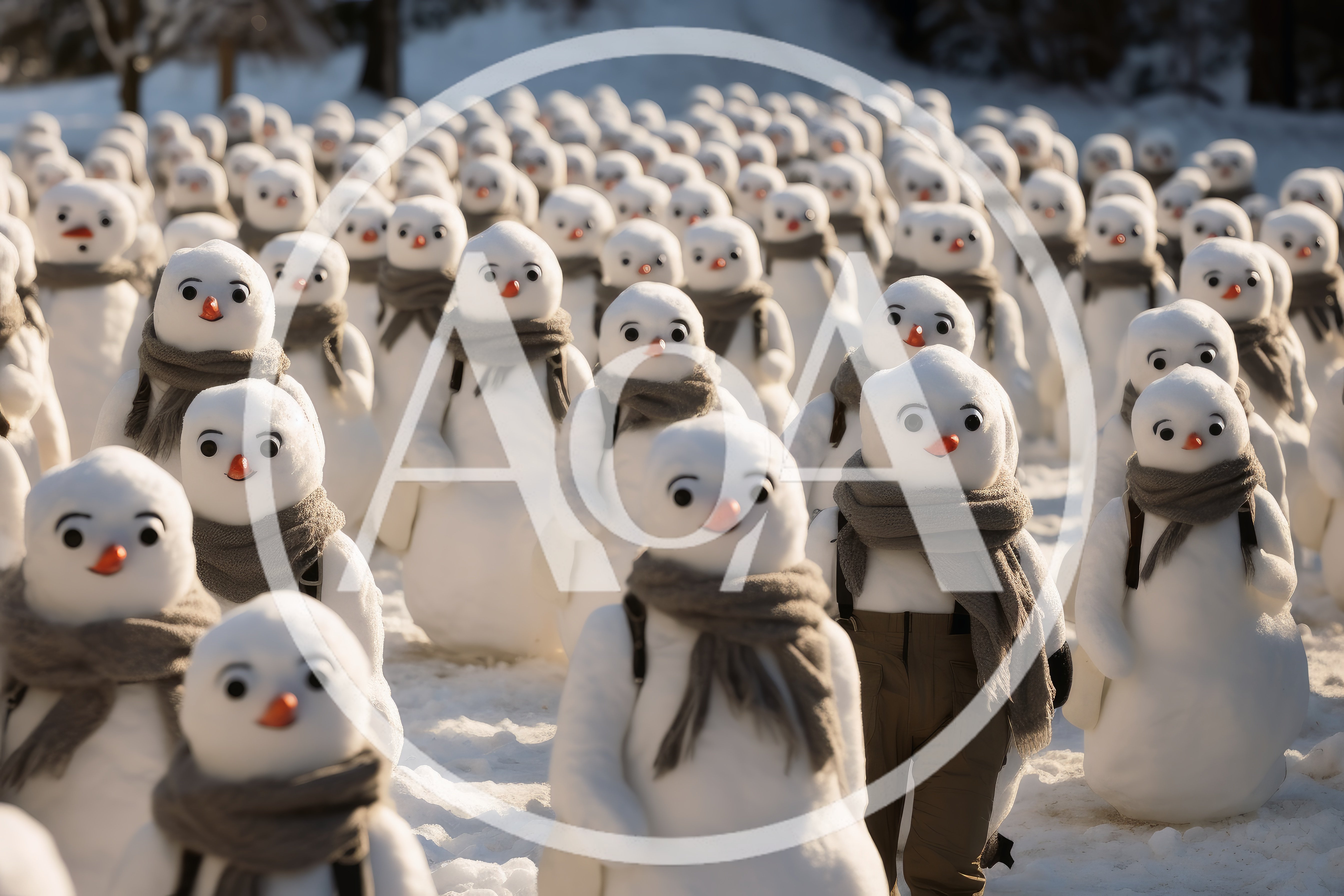 Army Of Snowmen Walking In Snowy Landscape