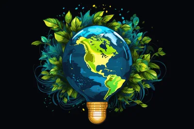 Earth Globe Inside A Light Bulb With Green Foliage