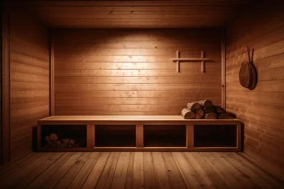 Empty Wooden Sauna Interior With Bench And Firewood