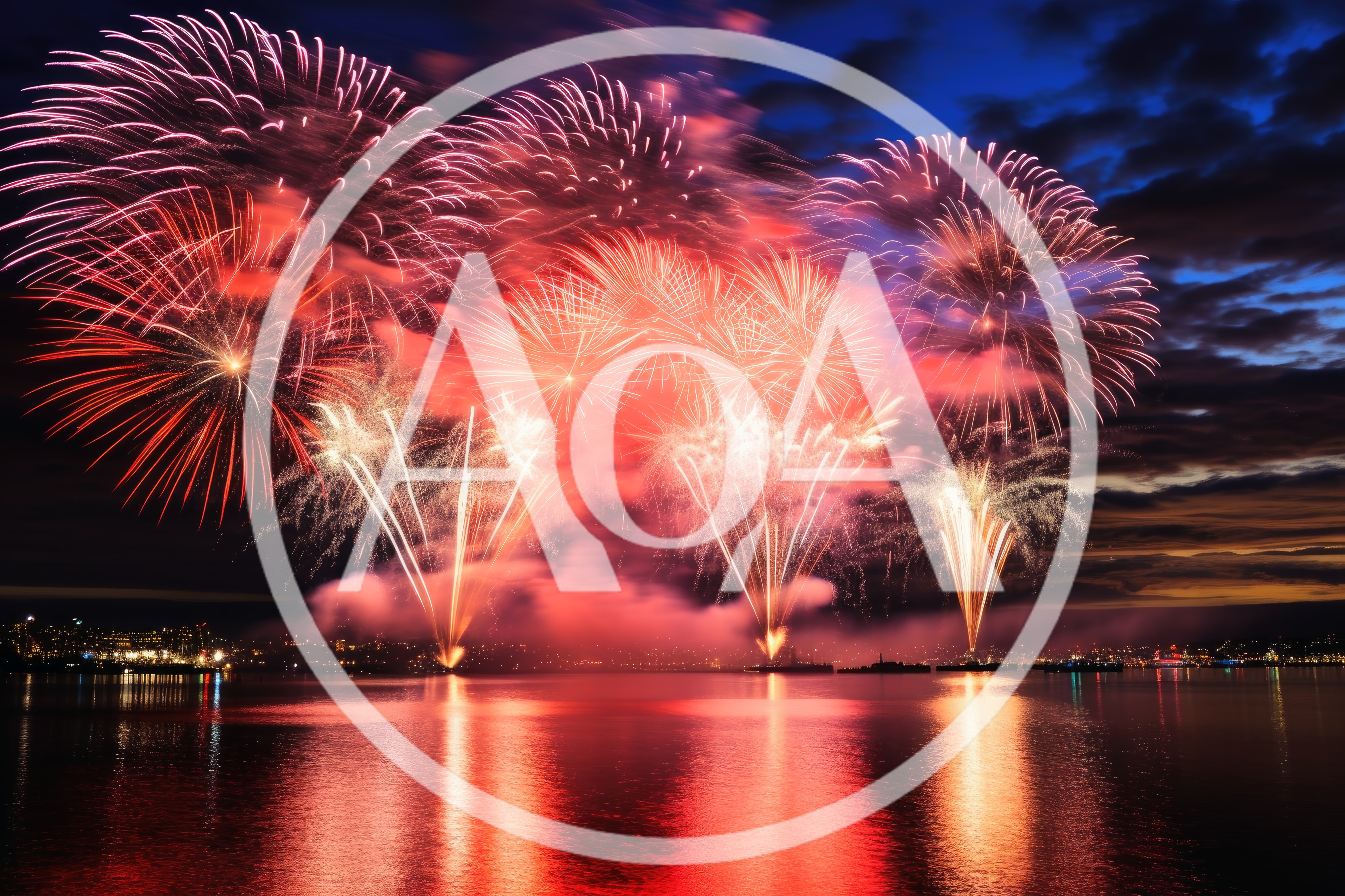 Vibrant Red Fireworks Display Over Harbor Waters