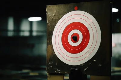 Target Practice Board With Bullseye In Indoor Shooting Range