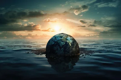 Submerged Earth Globe Floating In Dark Ocean Waters