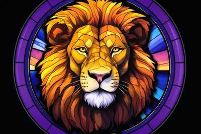 Stained Glass Lion Portrait In Circular Frame