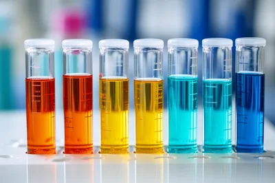 Seven Test Tubes With Colorful Chemical Solutions