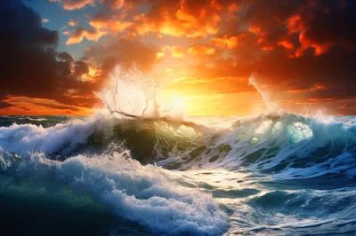 Powerful Ocean Wave Crashing During A Vibrant Sunset