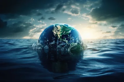 Earth Globe Partially Submerged In The Ocean