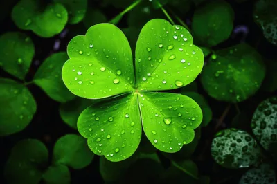 Four Leaf Clover With Dew Drops