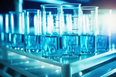 Laboratory Test Tubes Filled With Blue Liquid