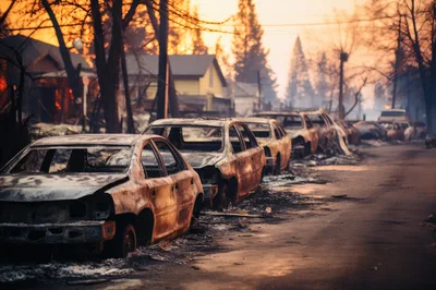 Burnt Out Vehicles On A Residential Street After Wildfire