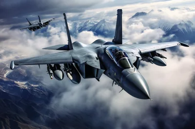 Two F-15 Eagle Fighter Jets Flying Over Mountains