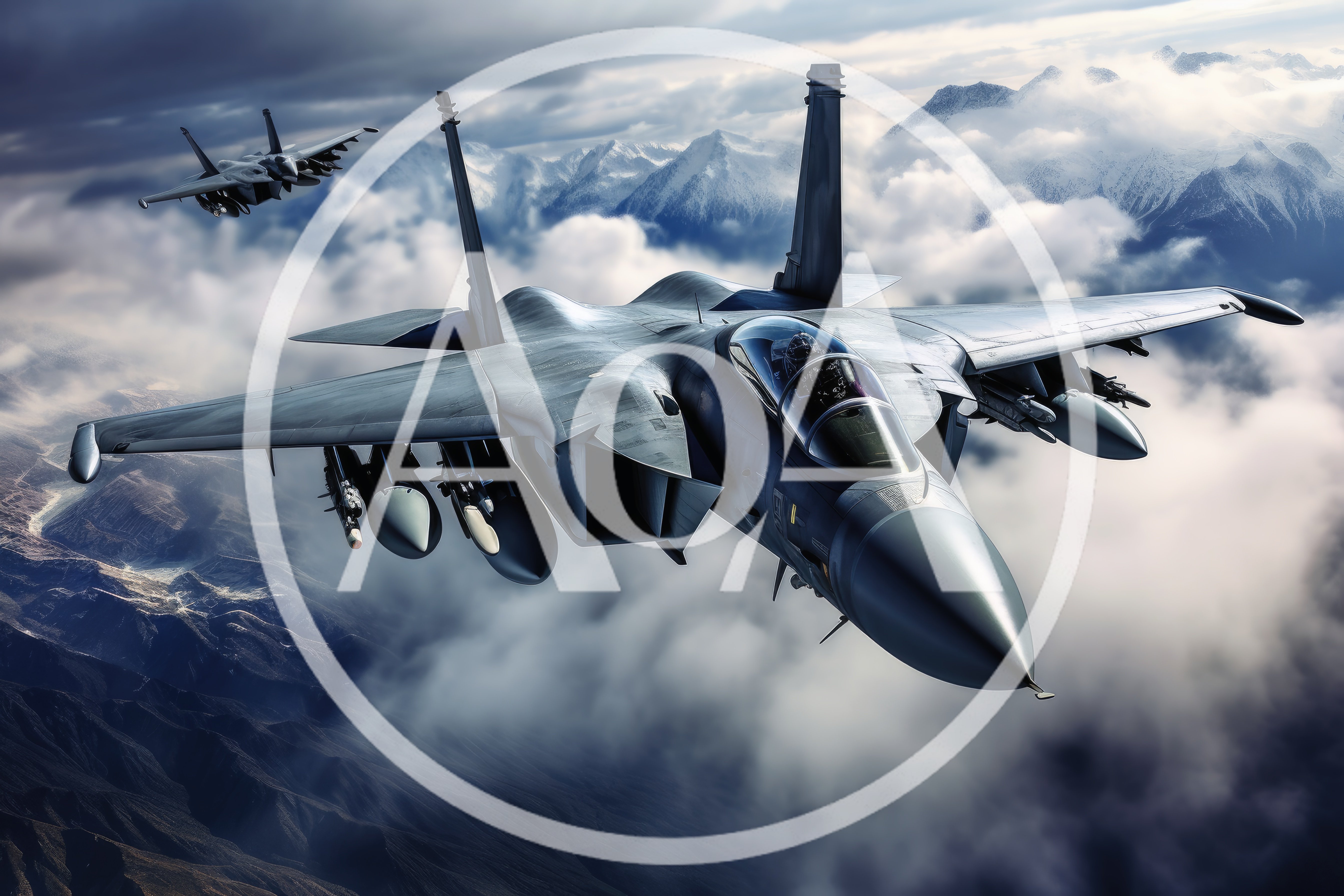 Two F-15 Eagle Fighter Jets Flying Over Mountains