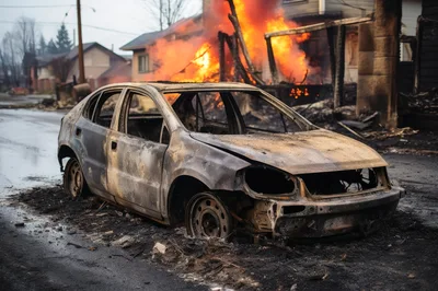 Burnt Out Car Wreckage In Front Of Burning House