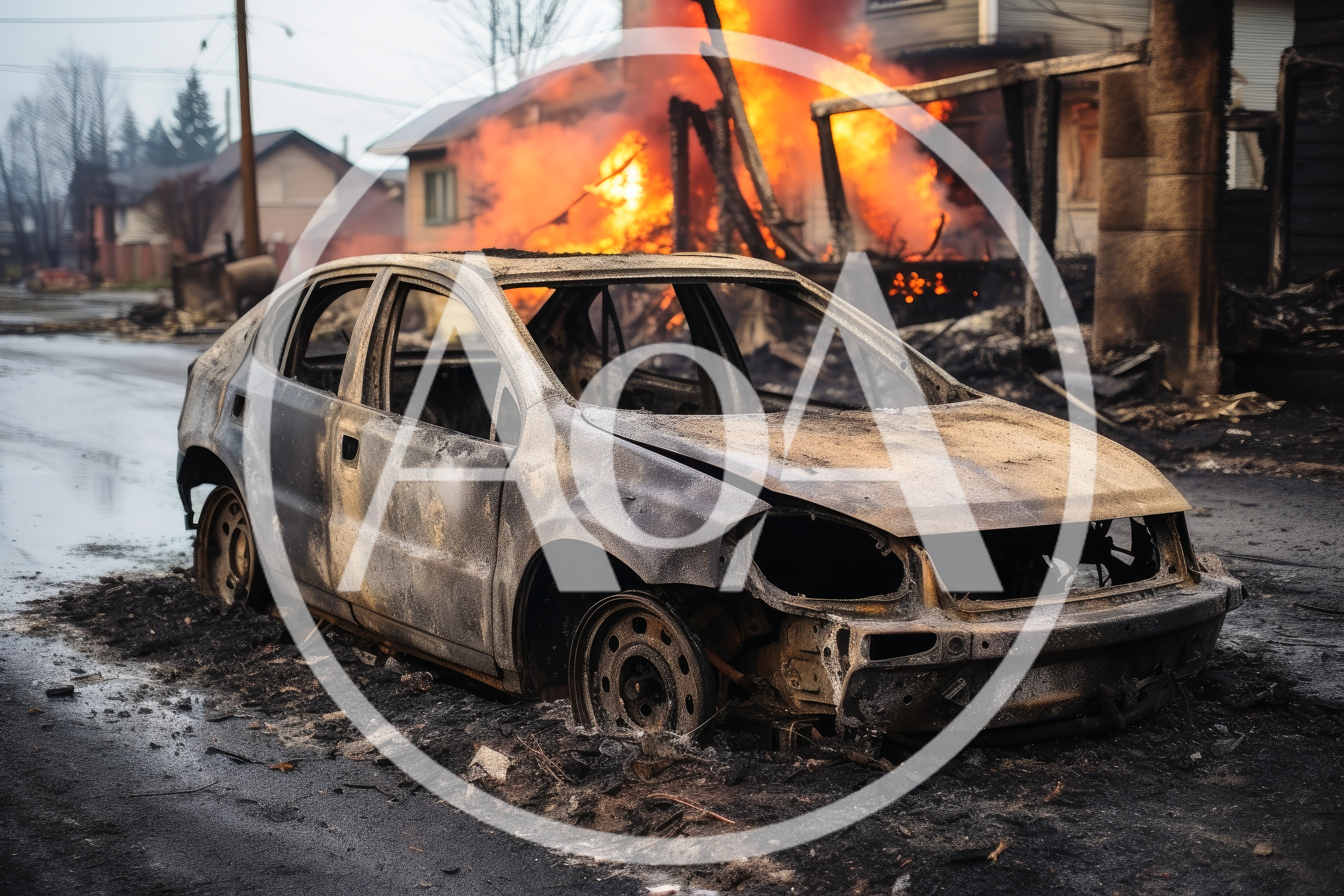 Burnt Out Car Wreckage In Front Of Burning House