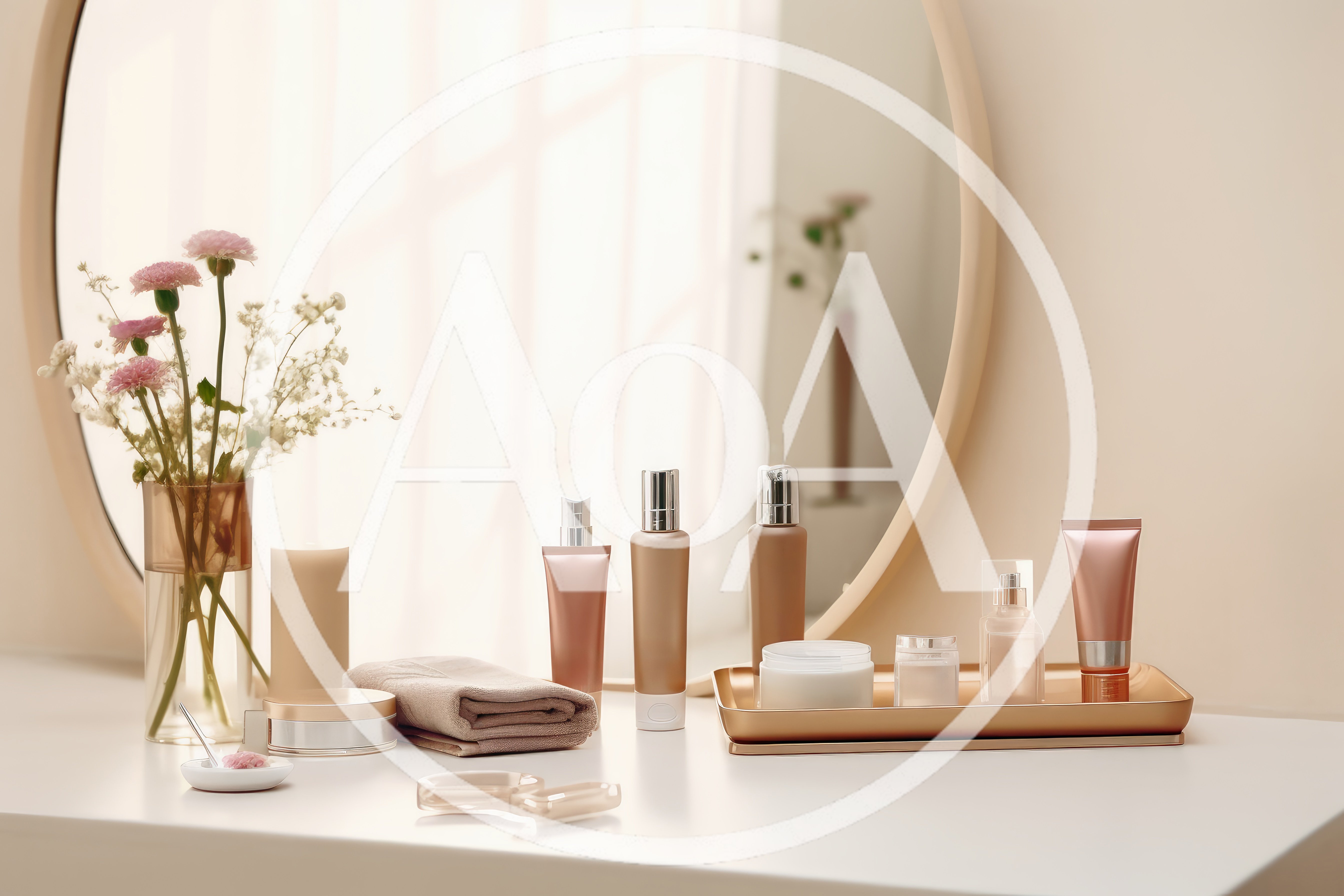 Skincare Products Arranged On A Minimalist Vanity Table
