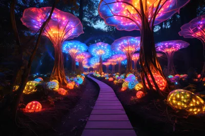 Bioluminescent Forest Path With Glowing Mushroom Trees