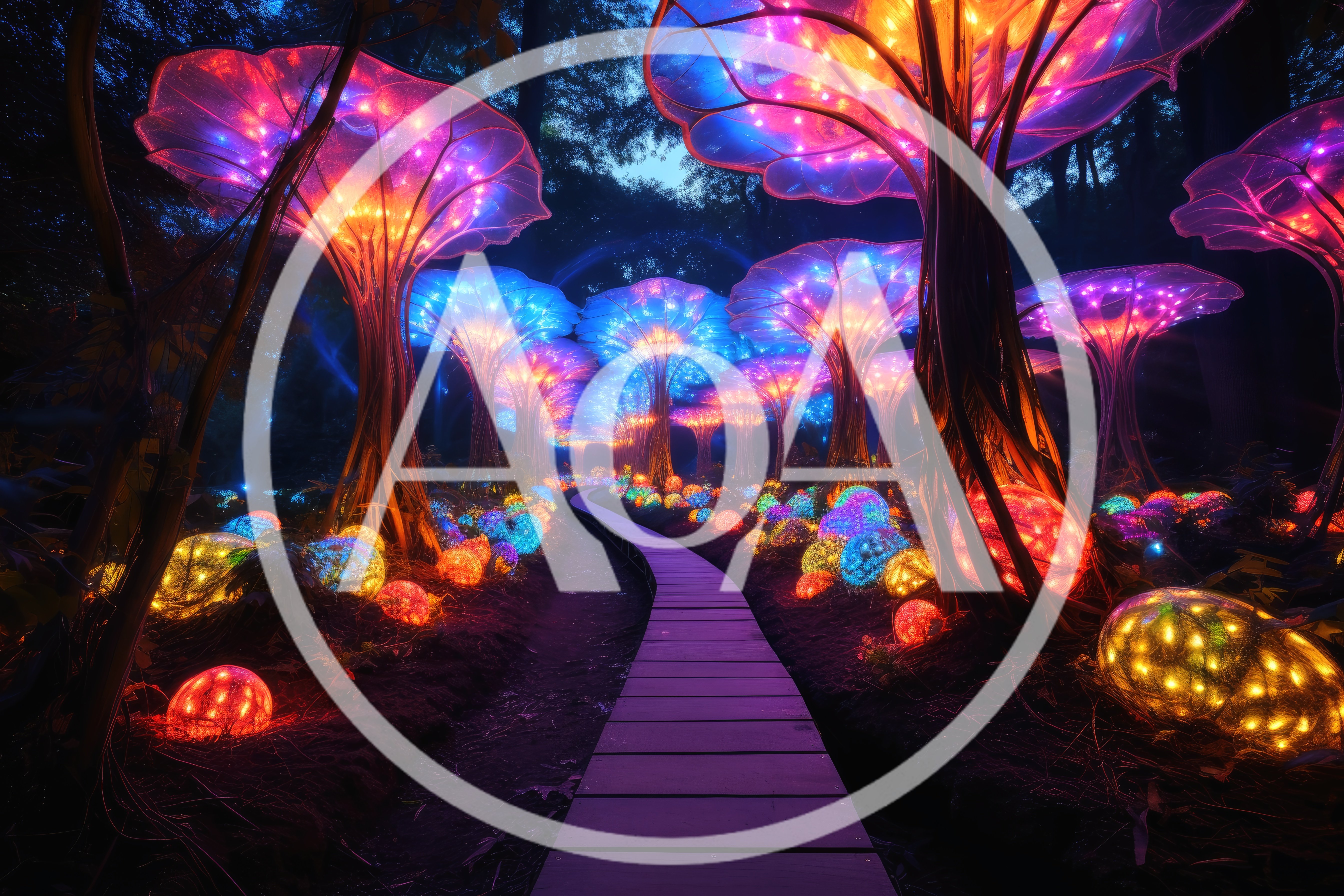 Bioluminescent Forest Path With Glowing Mushroom Trees