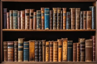 Antique Leather Bound Books On Wooden Library Shelves