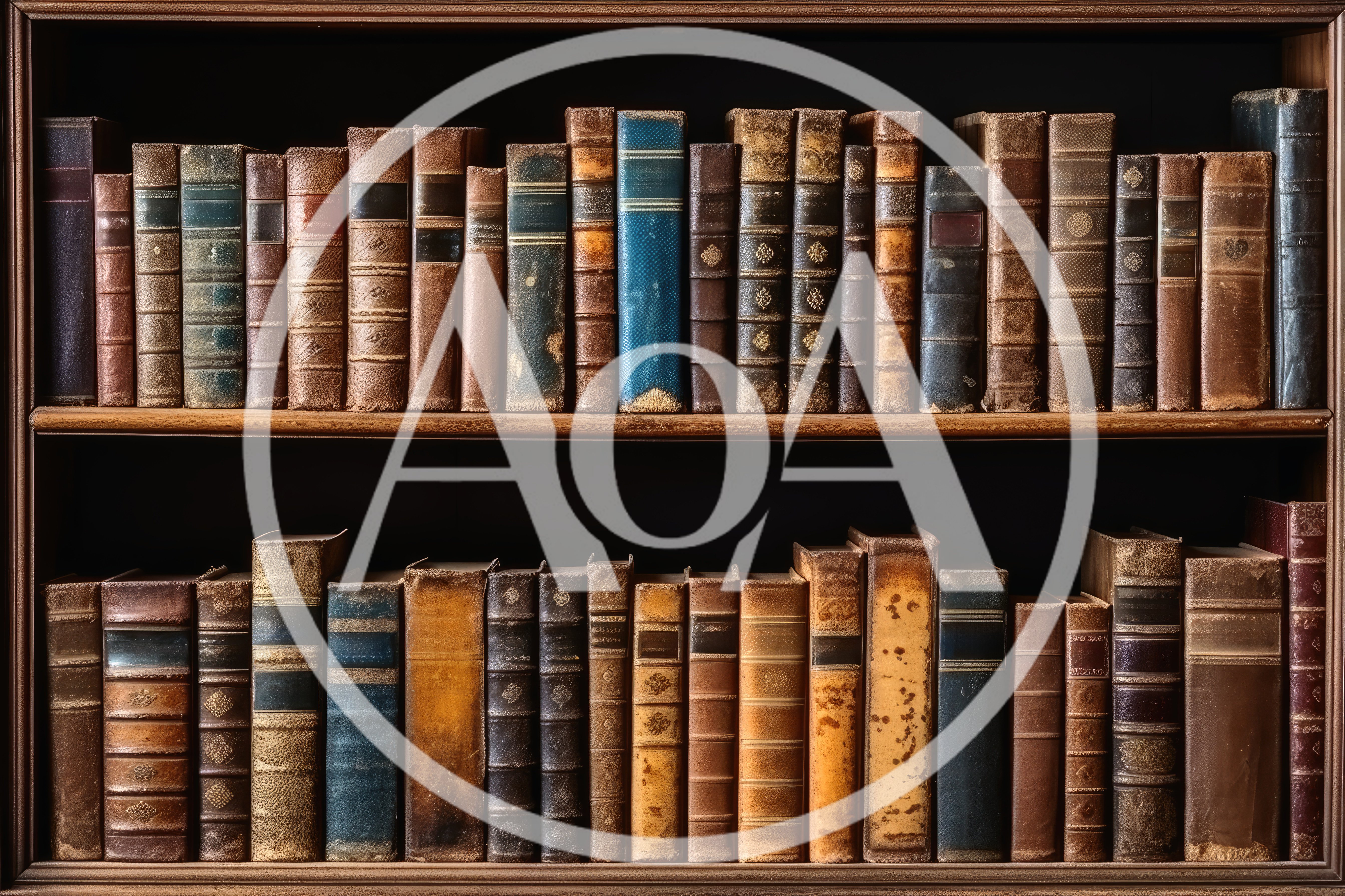 Antique Leather Bound Books On Wooden Library Shelves