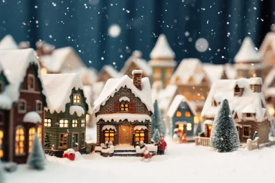 Miniature Christmas Village Scene With Snow