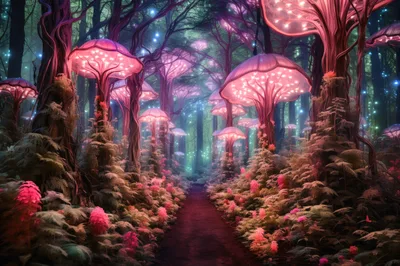 Enchanted Forest Path With Glowing Bioluminescent Mushroom Trees