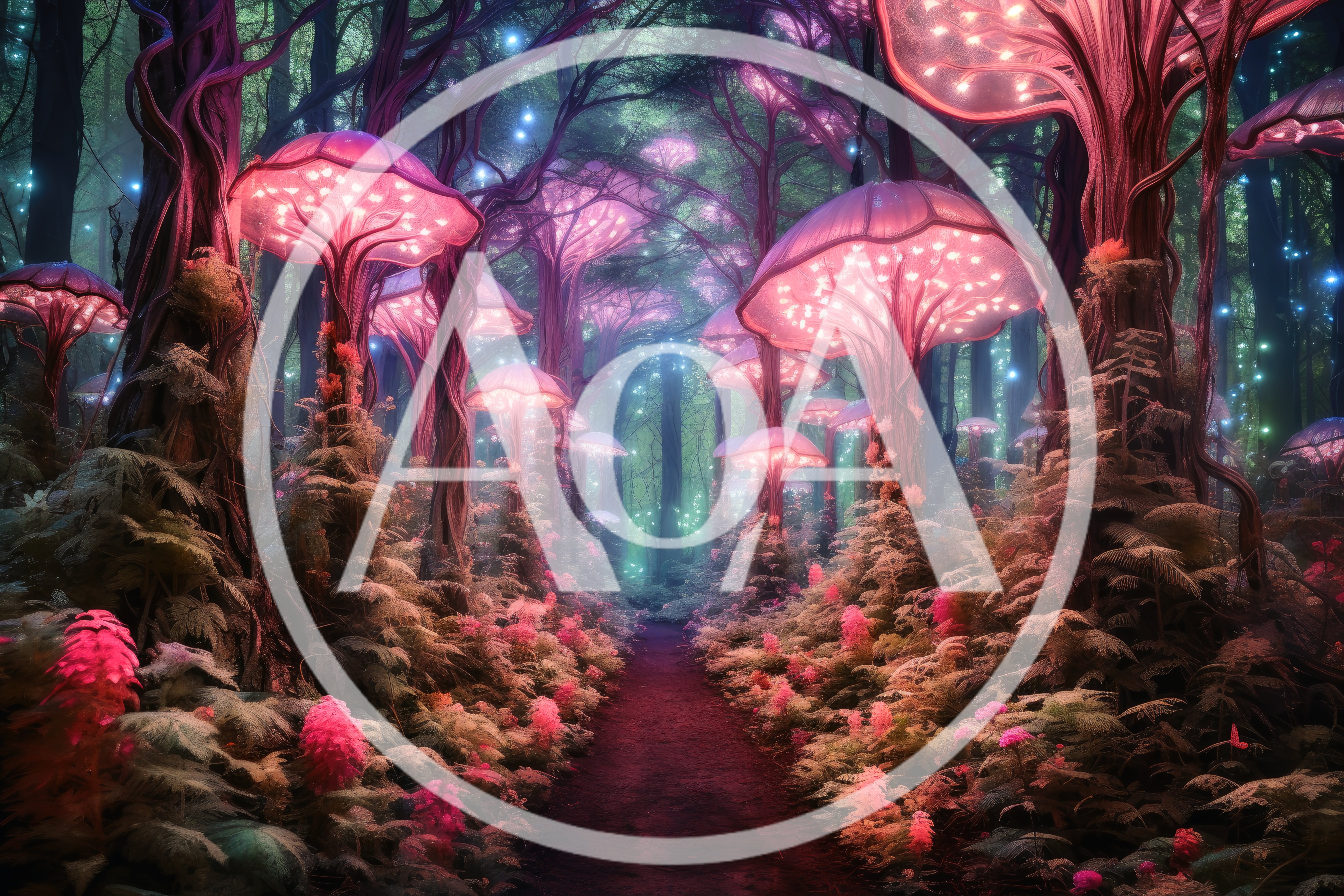 Enchanted Forest Path With Glowing Bioluminescent Mushroom Trees