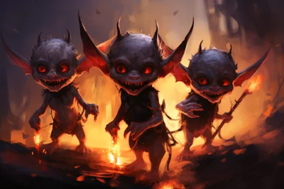 Three Sinister Goblins Standing In A Fiery Landscape
