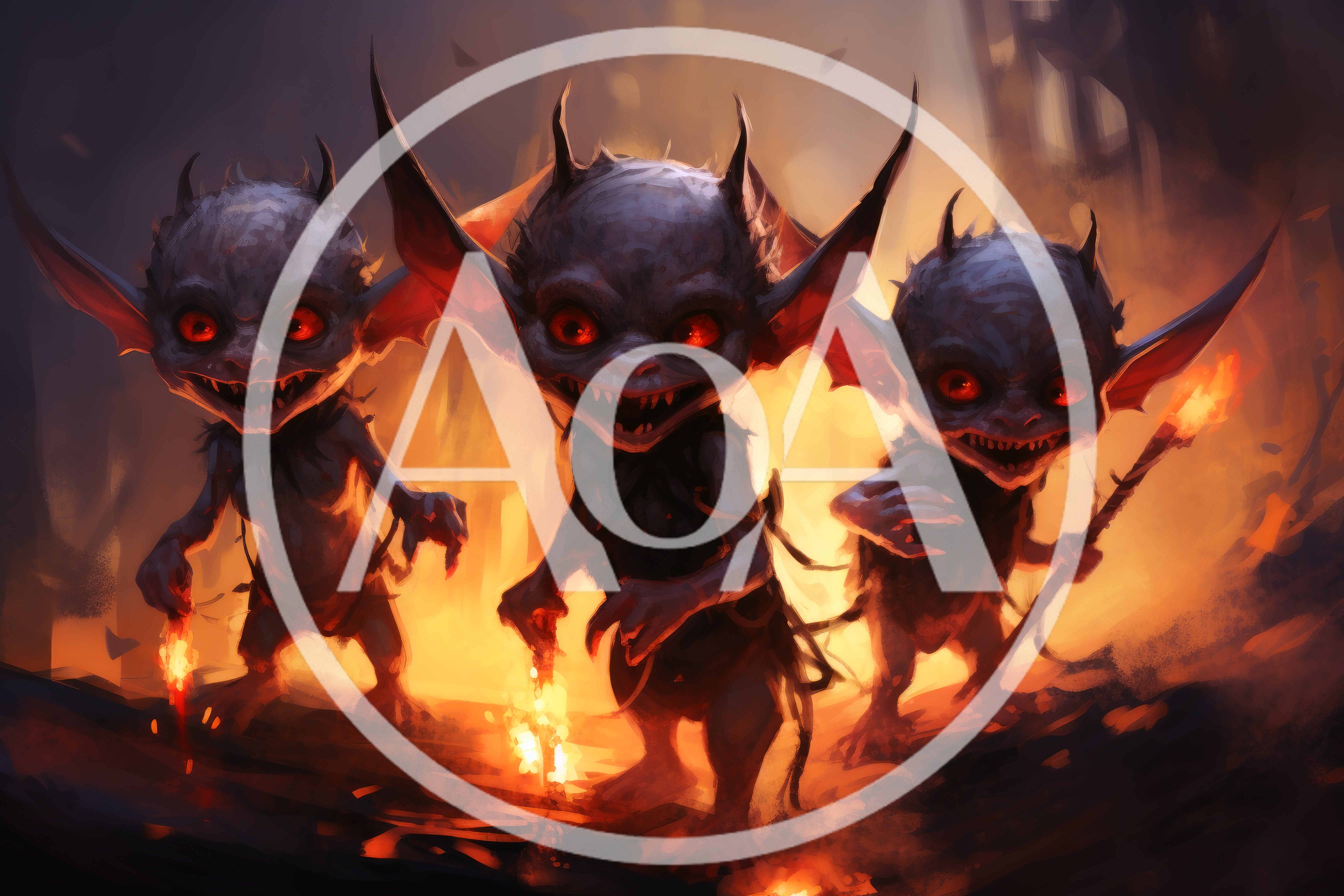 Three Sinister Goblins Standing In A Fiery Landscape