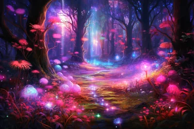 Enchanted Bioluminescent Forest With Glowing Flora And Light