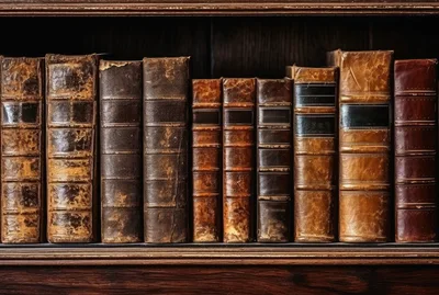 Antique Leather Bound Books On A Wooden Library Shelf