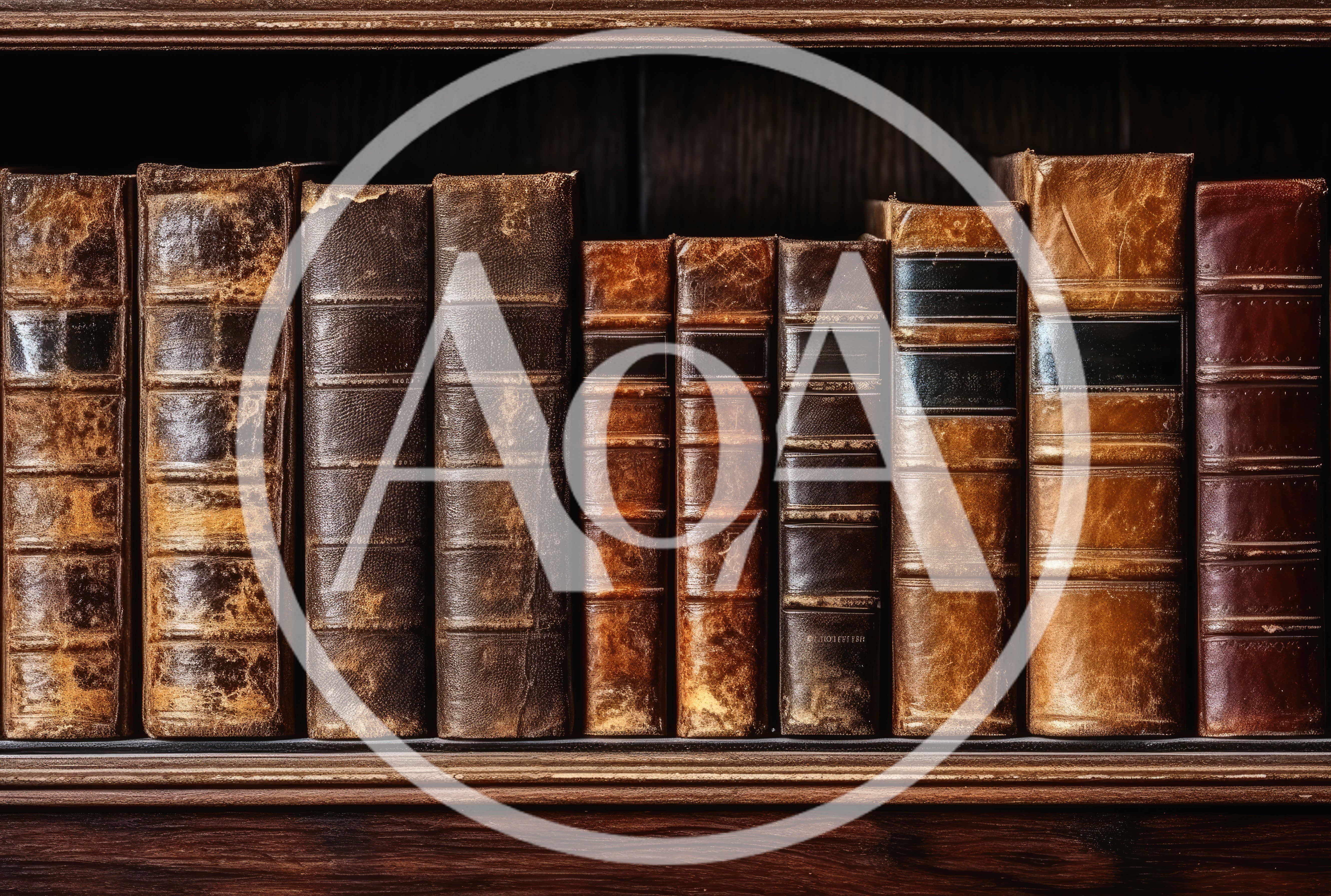 Antique Leather Bound Books On A Wooden Library Shelf