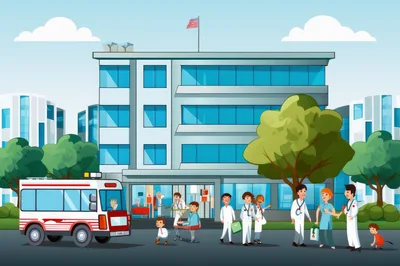 Medical Staff and Ambulance Outside Modern Hospital Building