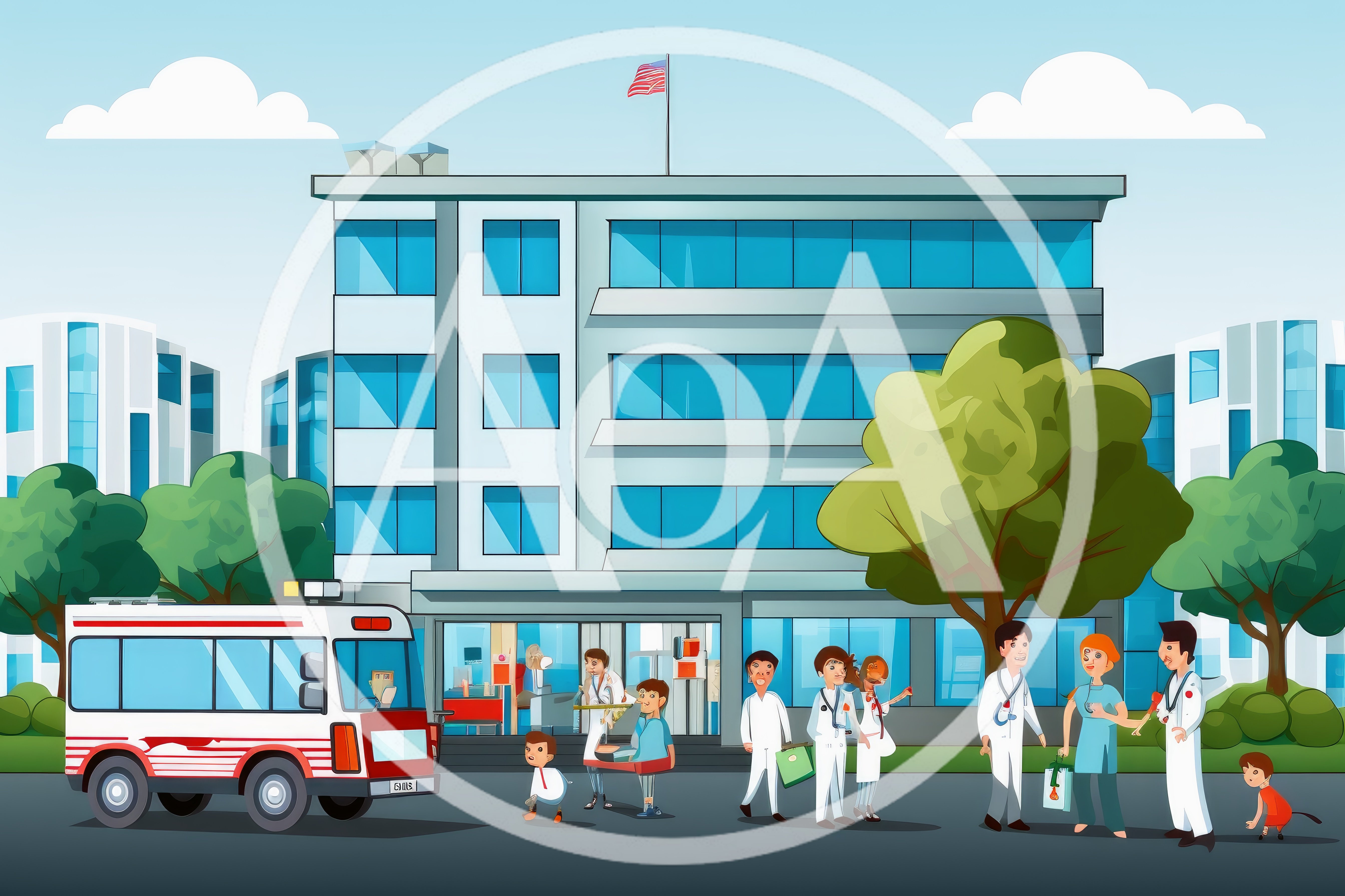 Medical Staff and Ambulance Outside Modern Hospital Building
