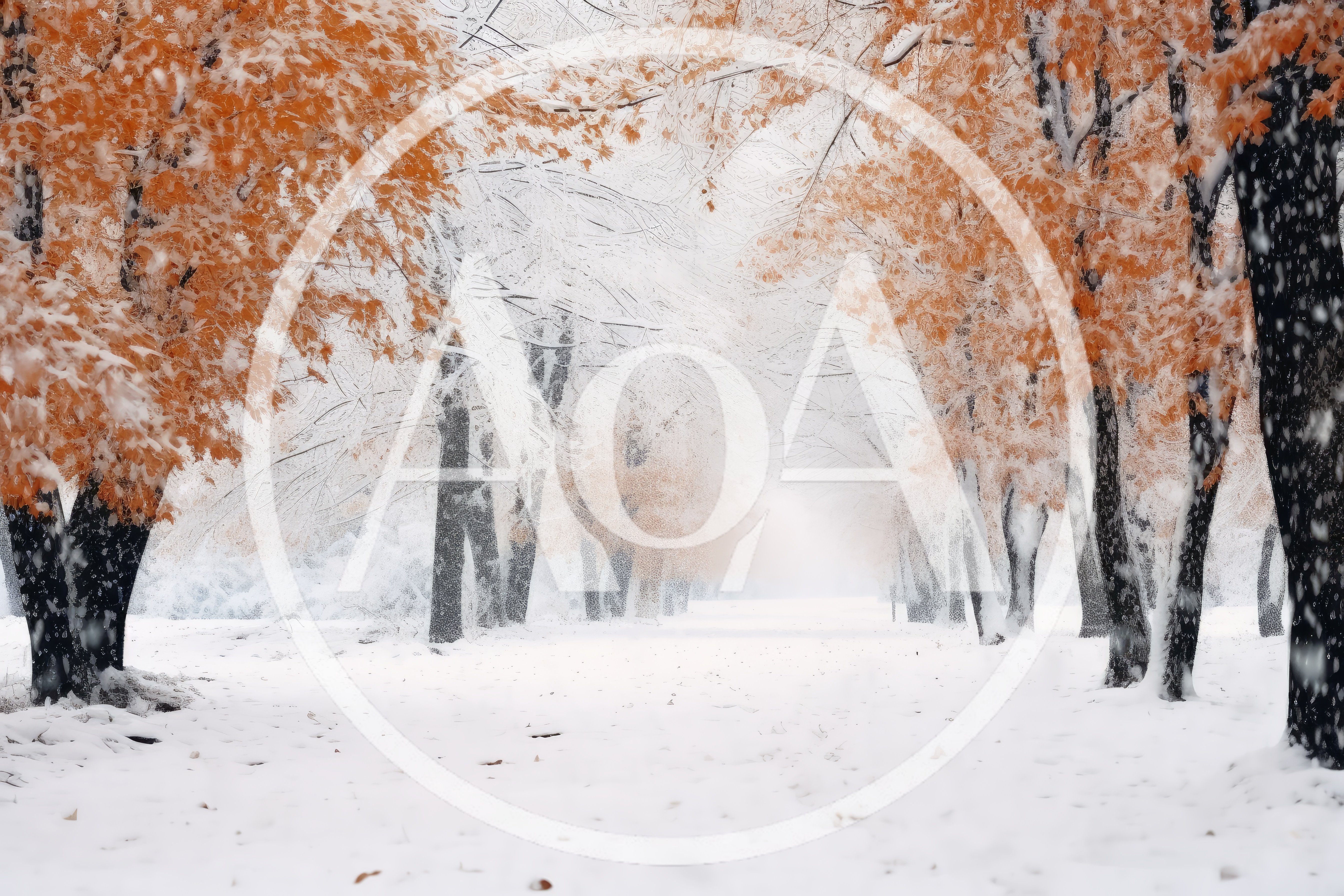 Snow Covered Trees With Autumn Leaves In Winter