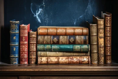 Antique Leather Bound Books On A Wooden Shelf