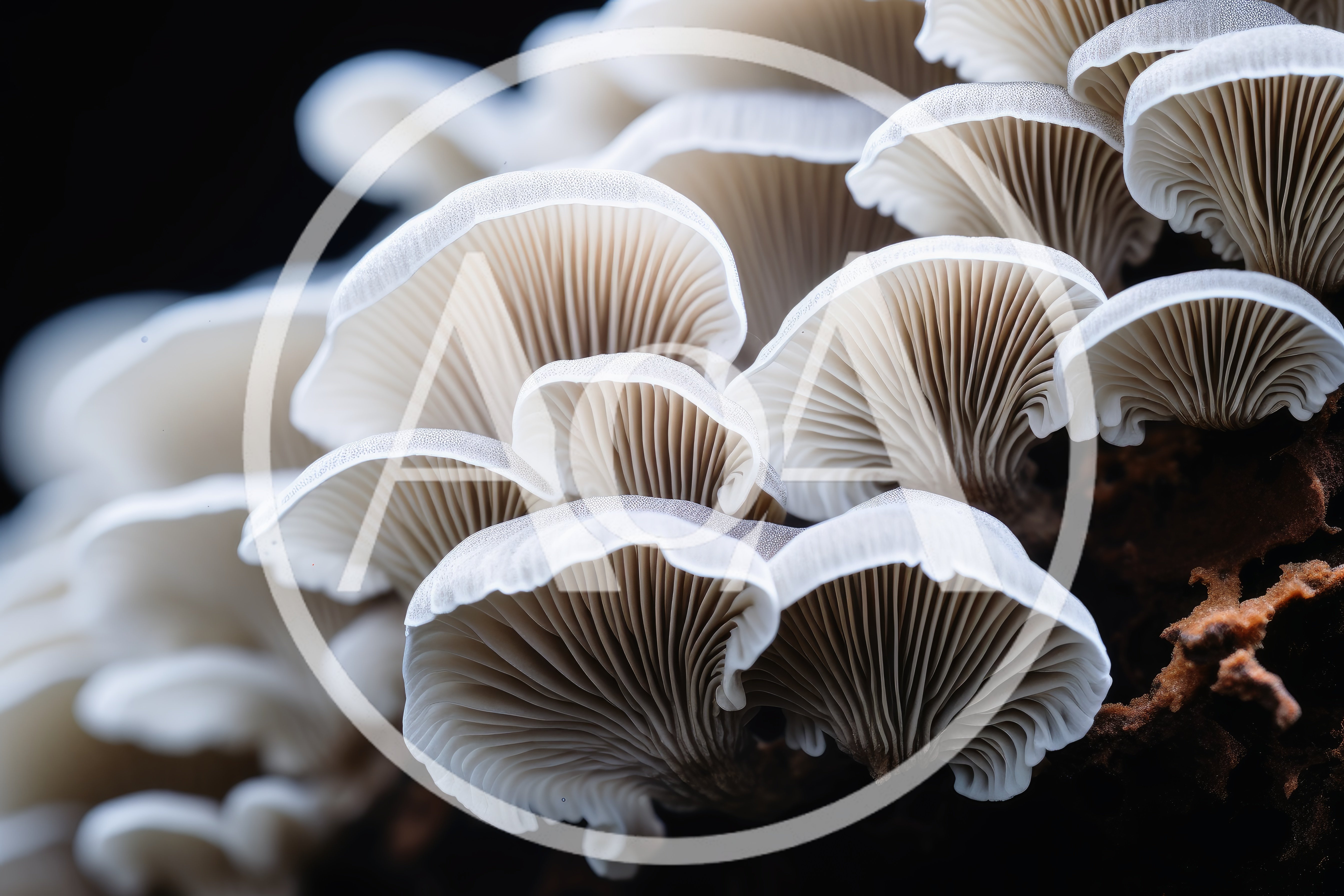 Cluster Of White Oyster Mushrooms Growing On Tree Bark