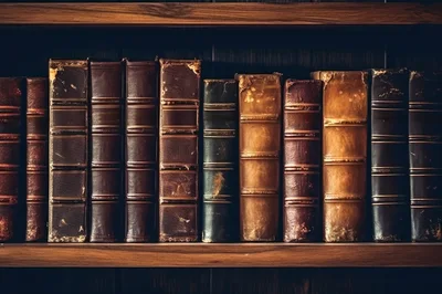 Antique Leather Bound Books On A Wooden Shelf