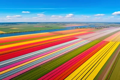 Aerial View Of Vibrant Tulip Fields In The Netherlands