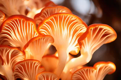 Vibrant Orange Oyster Mushrooms Growing In A Cluster