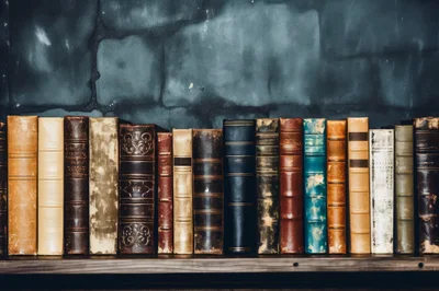 Row Of Antique Leather Bound Books On Wooden Shelf