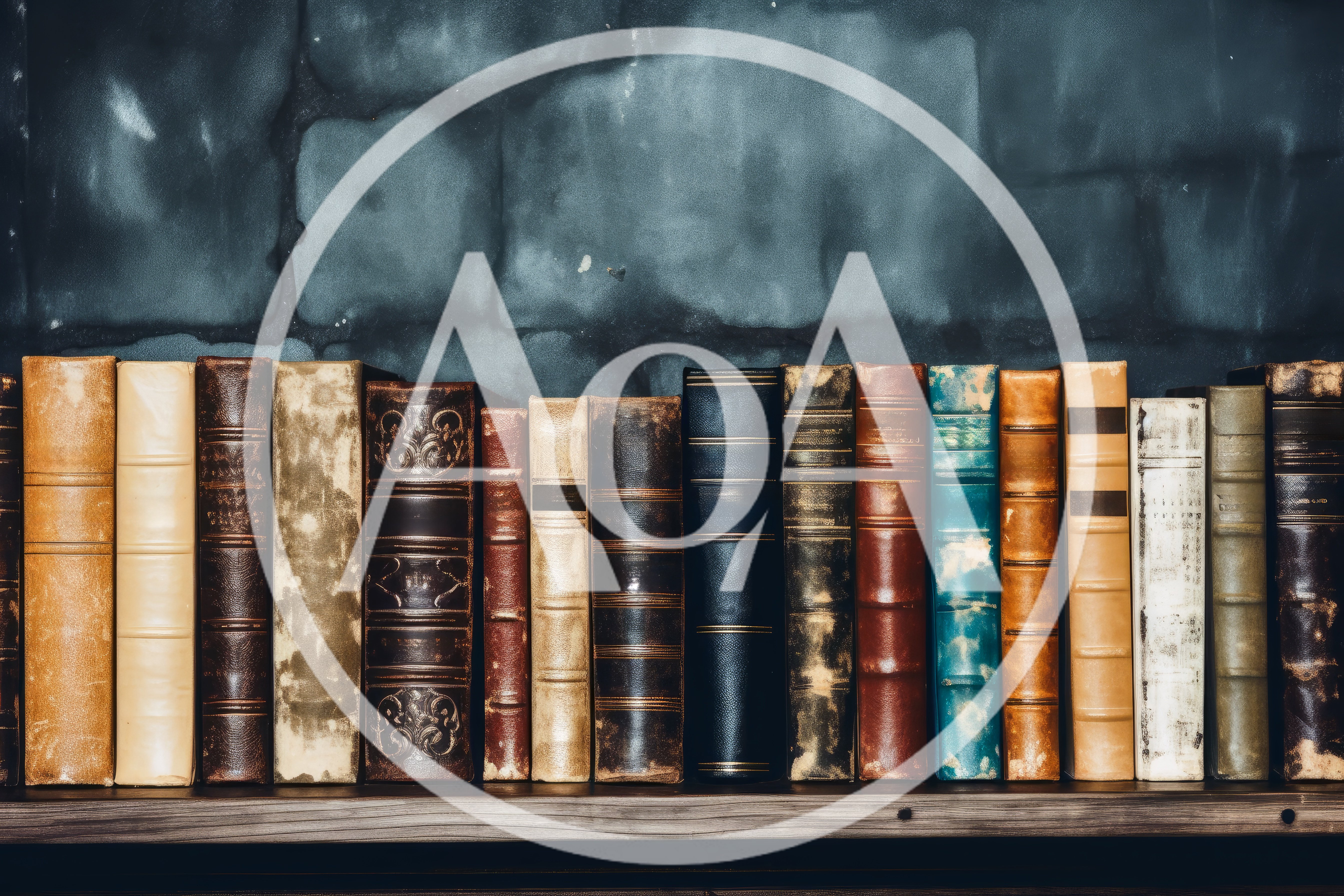 Row Of Antique Leather Bound Books On Wooden Shelf