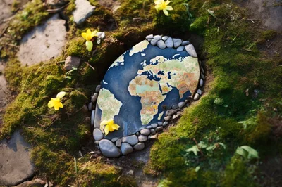World Map Painted On A Stone In Mossy Ground