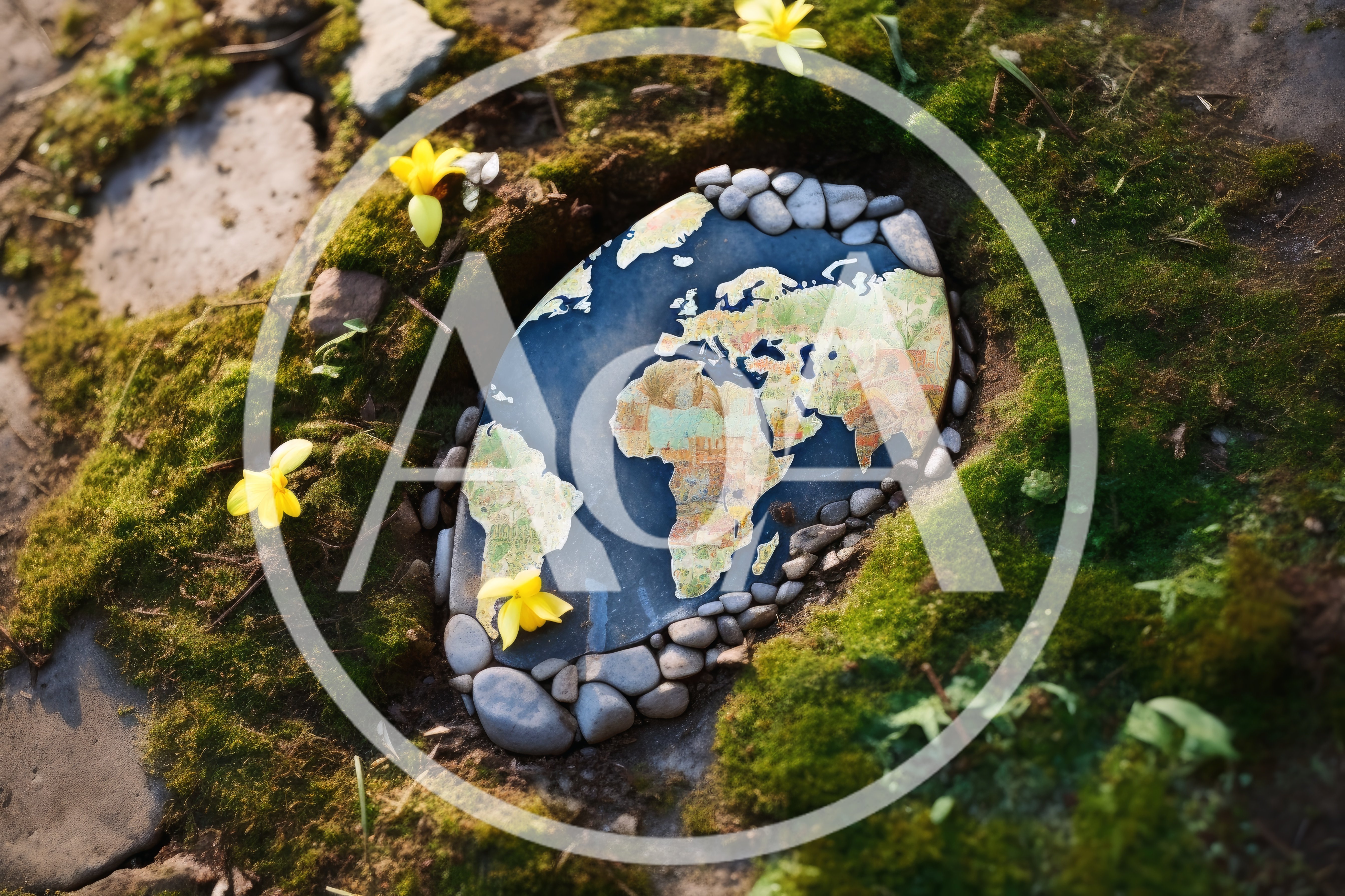 World Map Painted On A Stone In Mossy Ground