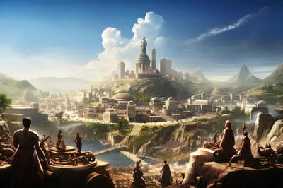 Ancient Roman Cityscape With Figures Overlooking Valley