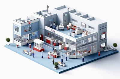 Isometric 3D Illustration of a Modern Medical Clinic