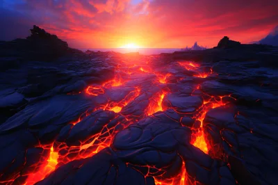 Molten Lava Flowing Over Volcanic Rock Landscape