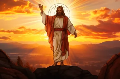 Jesus Christ Standing On A Mountain At Sunset