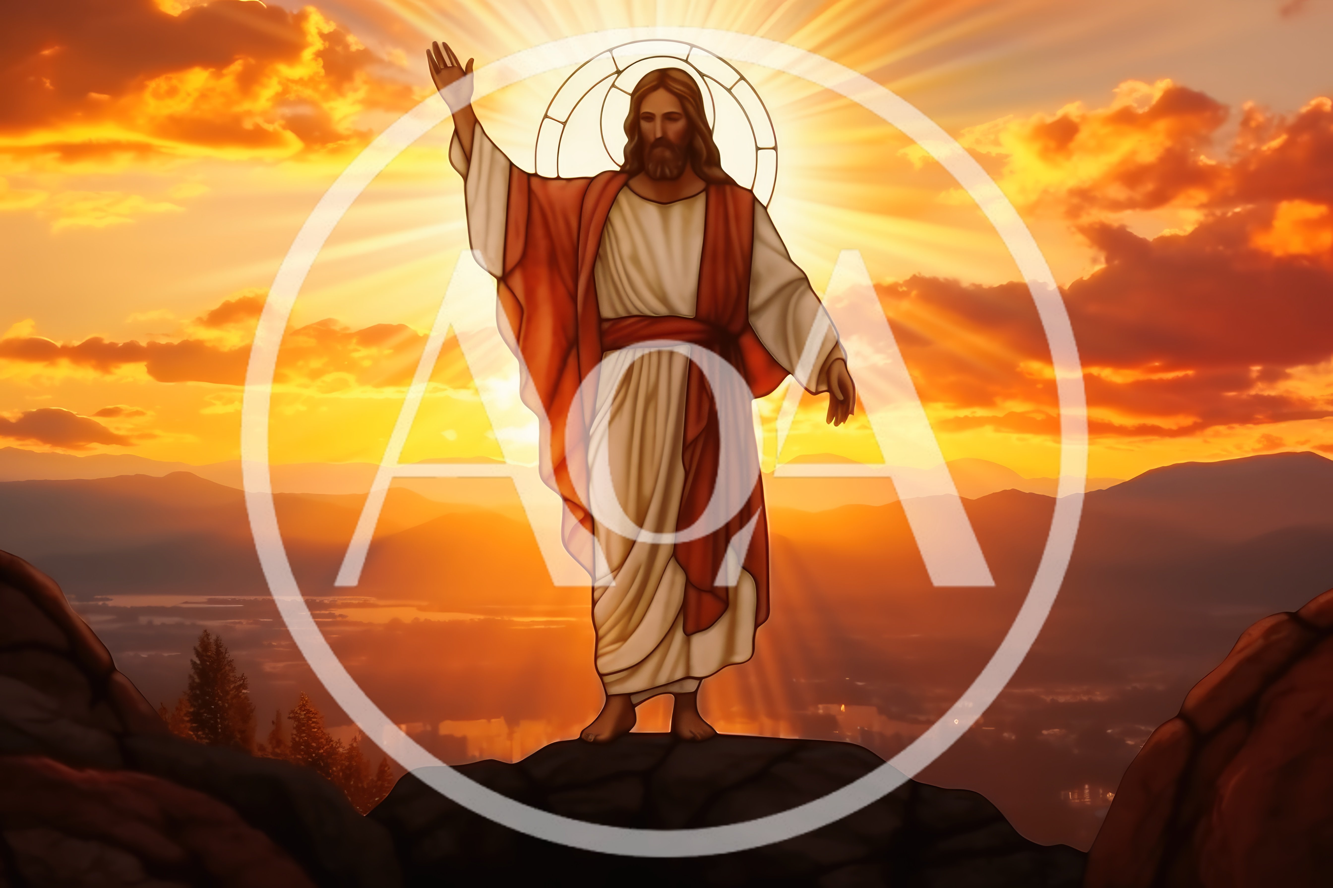 Jesus Christ Standing On A Mountain At Sunset