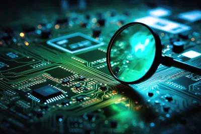 Magnifying Glass Over A High Tech Circuit Board