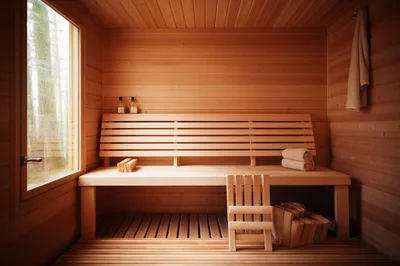 Modern Wooden Sauna Interior With Bench And Towels