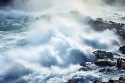 Powerful Ocean Waves Crashing Against Rugged Volcanic Rocks